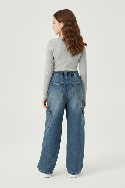 Pantalon Cargo Denim Bleu Ample Taille Haute Fille - Jean - vue 2