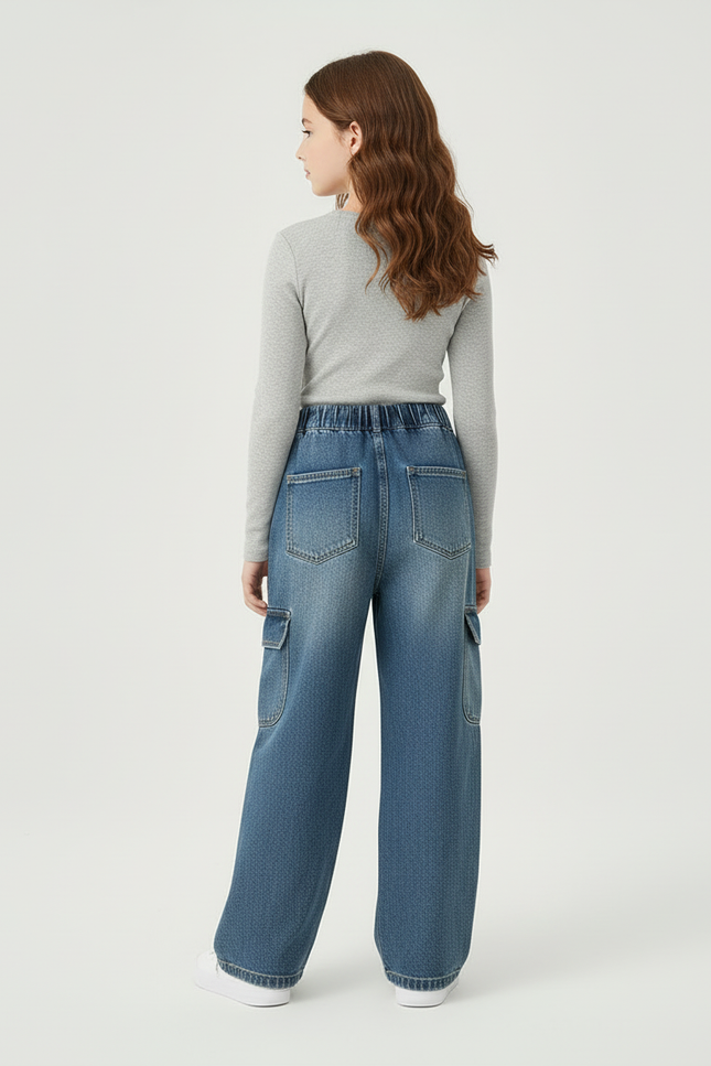 Pantalon Cargo Denim Bleu Ample Taille Haute Fille - Jean - vue 2