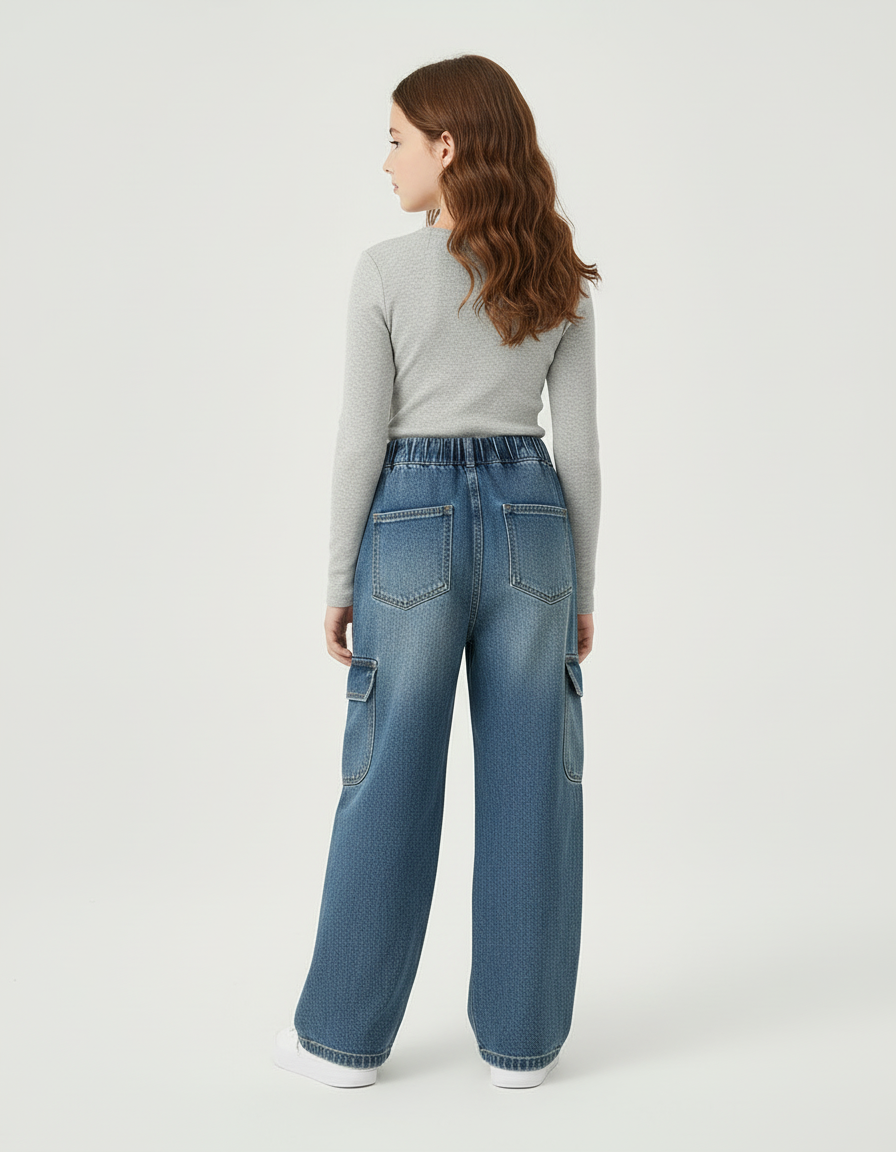 Pantalon Cargo Denim Bleu Ample Taille Haute Fille - Jean - vue 2