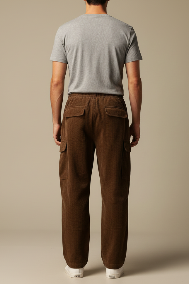 Pantalon Cargo Marron Velours Côtelé Ample Homme - vue 2