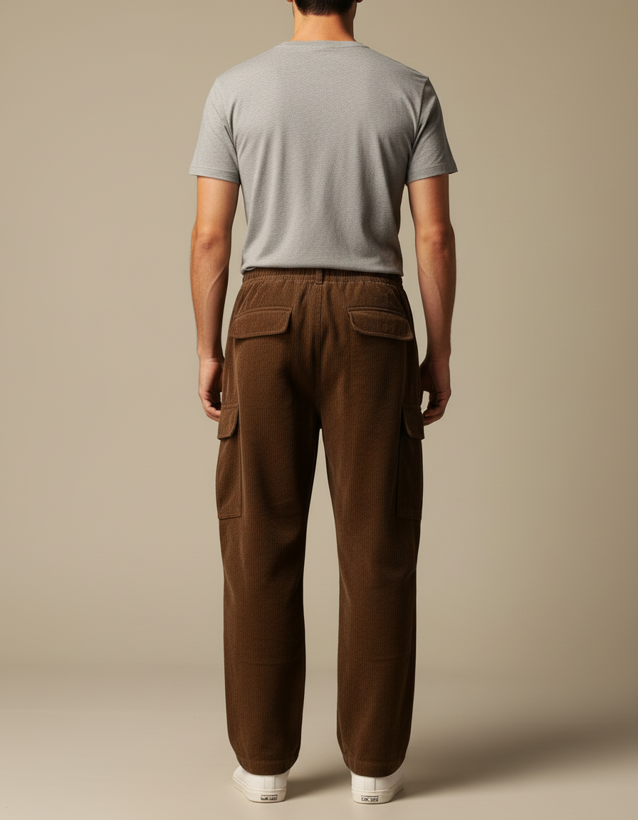 Pantalon Cargo Marron Velours Côtelé Ample Homme - vue 2