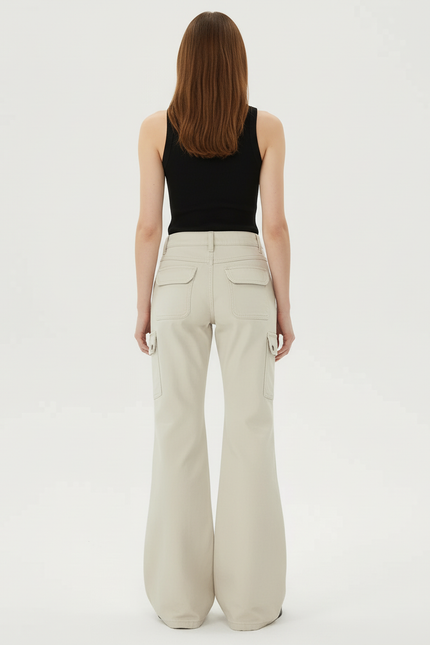 Pantalon Cargo Beige Évasé Poches Zippées - Toile - vue 2