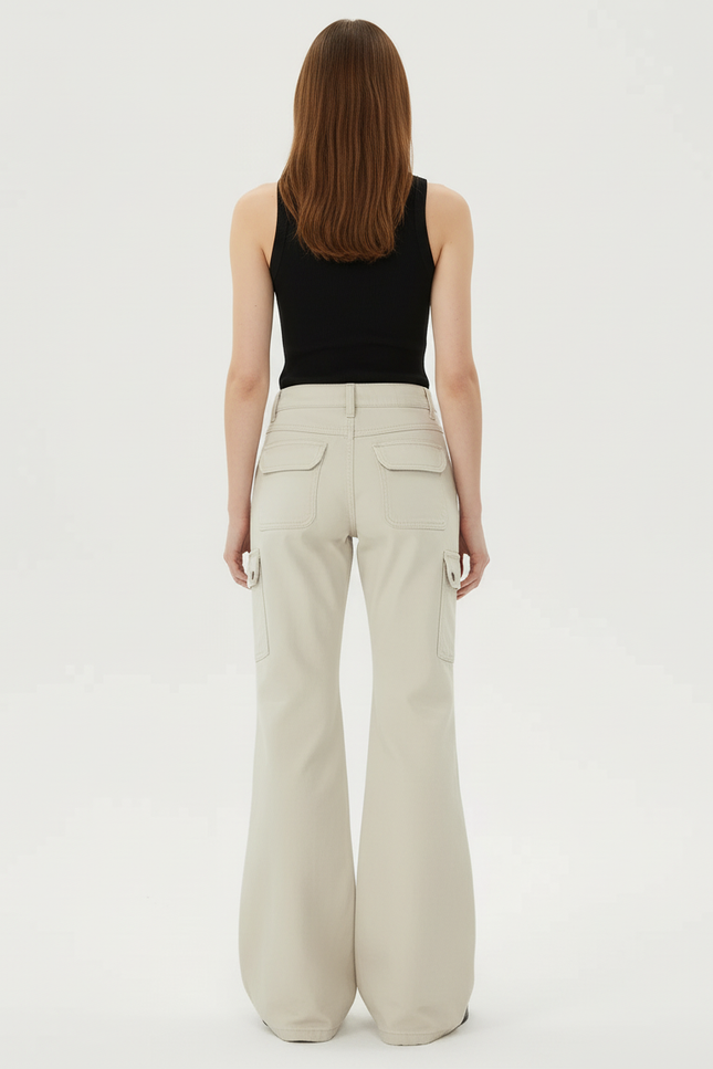Pantalon Cargo Beige Évasé Poches Zippées - Toile - vue 2