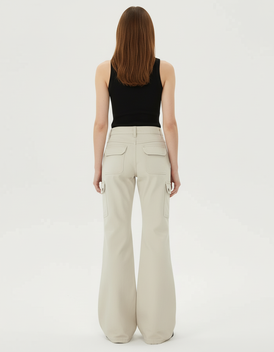 Pantalon Cargo Beige Évasé Poches Zippées - Toile - vue 2