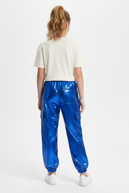 Pantalon Cargo Métallisé Bleu Brillant Fille - Simili cuir - vue 2