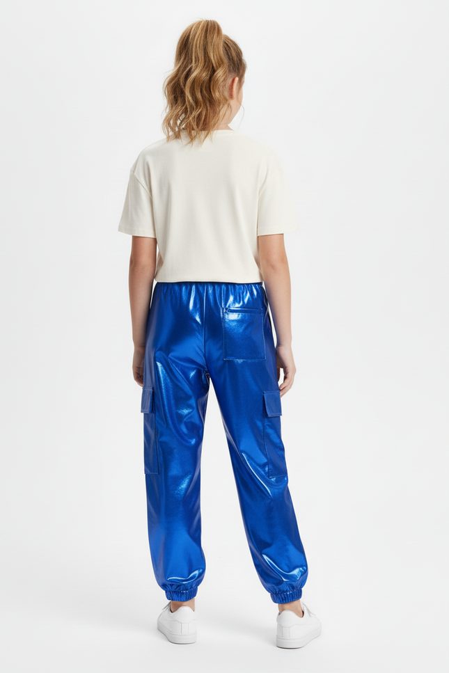 Pantalon Cargo Métallisé Bleu Brillant Fille - Simili cuir - vue 2