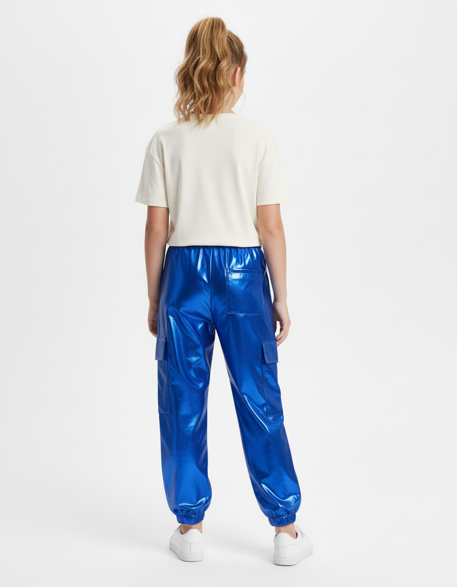 Pantalon Cargo Métallisé Bleu Brillant Fille - Simili cuir - vue 2