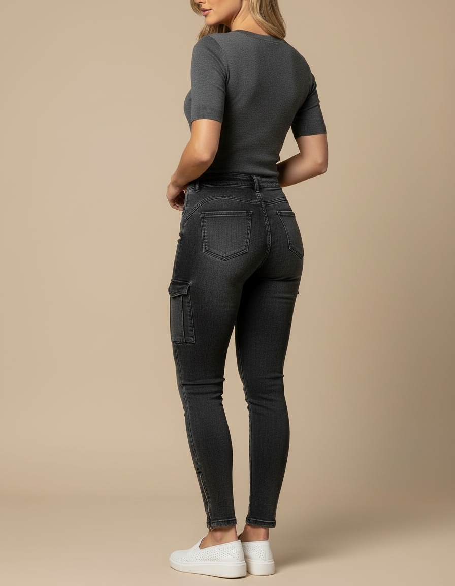 Pantalon Cargo Jean Gris Skinny Multipoches Femme - vue 2