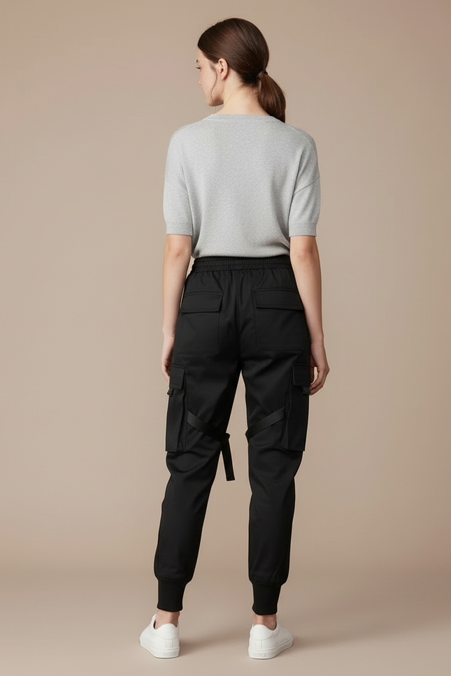Pantalon Cargo Noir Fluide Multipoches Sangles Femme - Polyester - vue 2