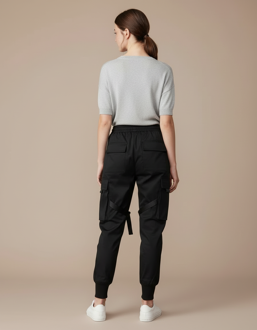 Pantalon Cargo Noir Fluide Multipoches Sangles Femme - Polyester - vue 2