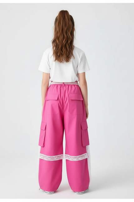 Pantalon Cargo Rose Ample Taille Haute Dentelle - Coton - vue 2
