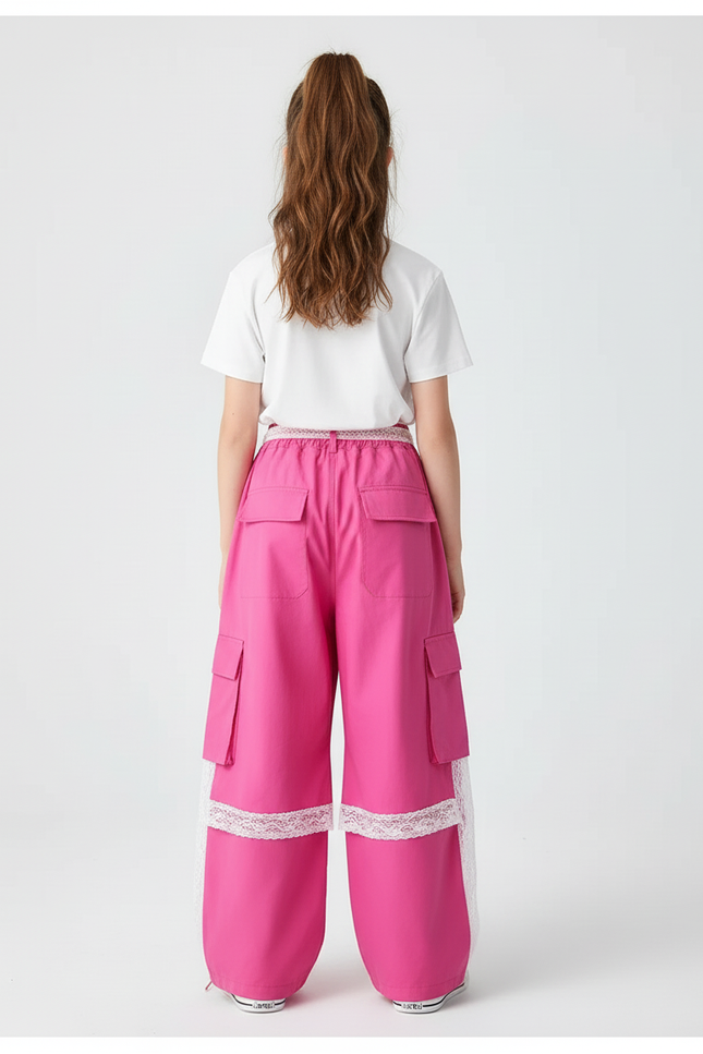 Pantalon Cargo Rose Ample Taille Haute Dentelle - Coton - vue 2