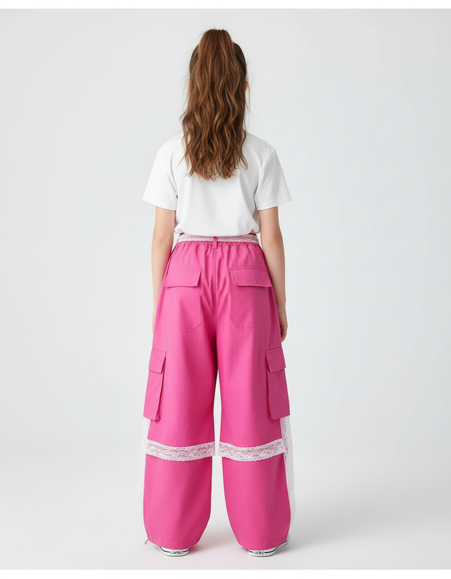 Pantalon Cargo Rose Ample Taille Haute Dentelle - Coton - vue 2