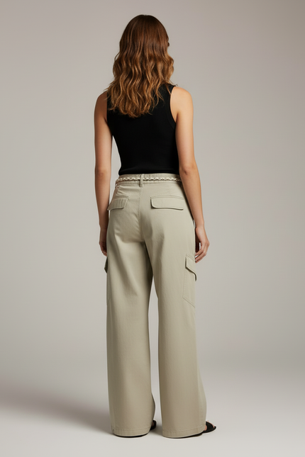 Pantalon Cargo Femme Avec Ceinture - Kaki Toile - vue 2