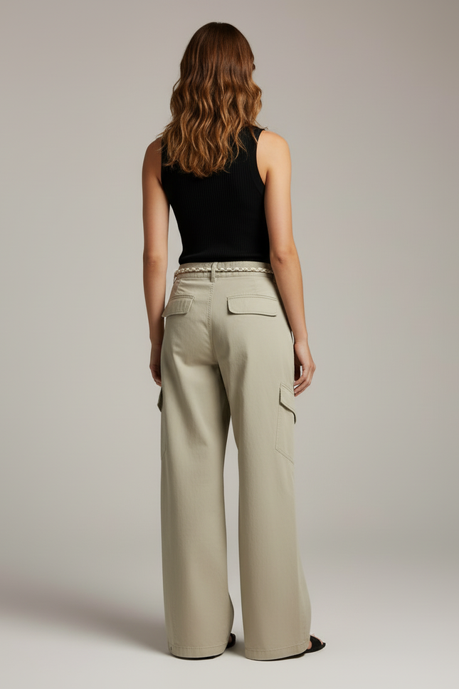 Pantalon Cargo Femme Avec Ceinture - Kaki Toile - vue 2