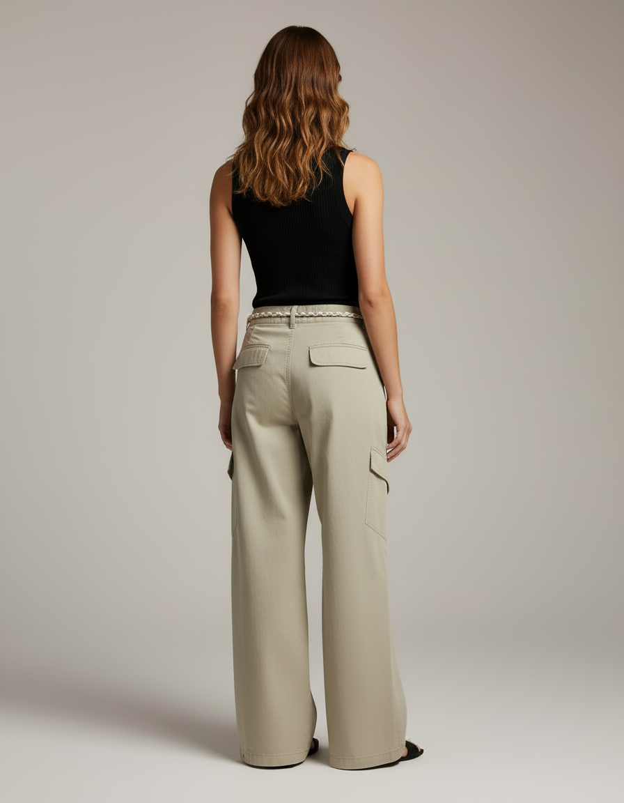 Pantalon Cargo Femme Avec Ceinture - Kaki Toile - vue 2