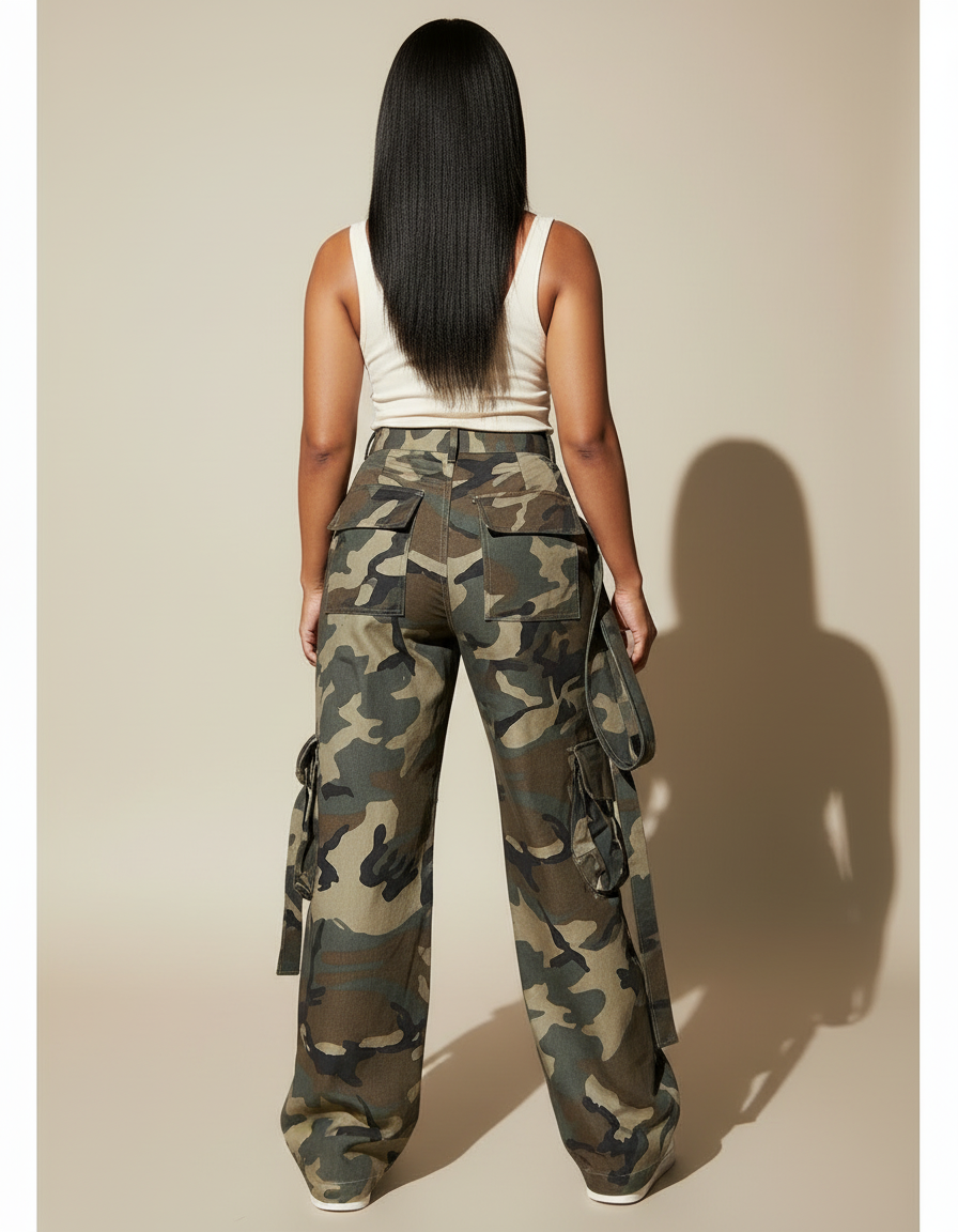 Pantalon Cargo Camouflage Ample Multipoches Streetwear Femme - Multicolore Toile - vue 2