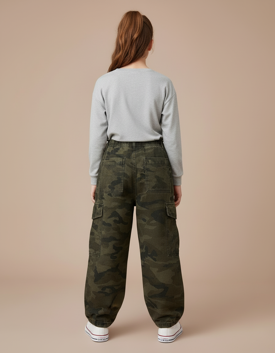 Pantalon Cargo Ample Camouflage Vert Enfant - Toile - vue 2