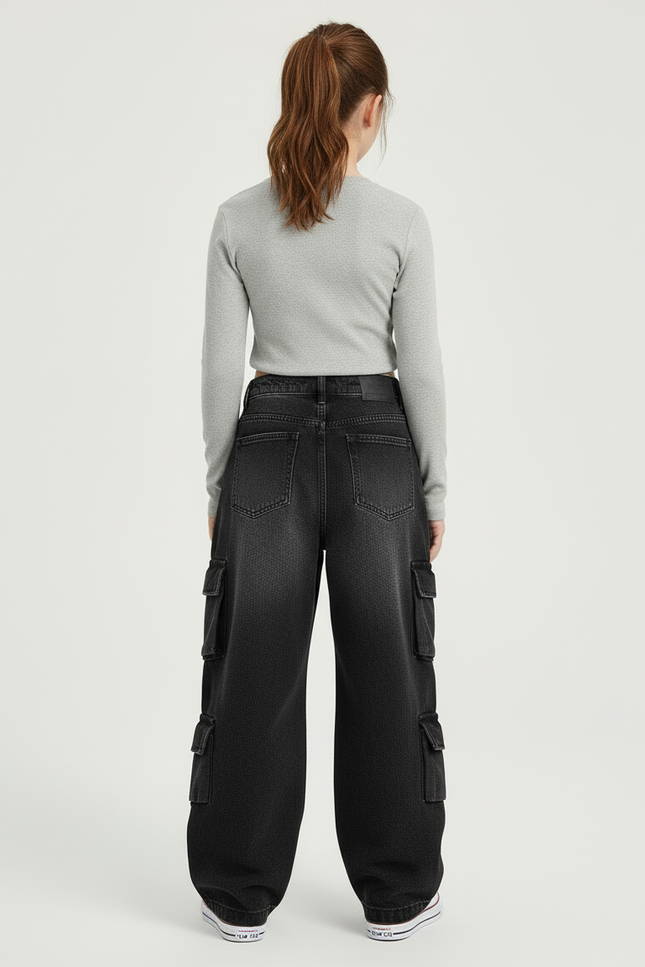 Pantalon Cargo Noir Décontracté Ample Denim Multipoches Fille - Jean - vue 2