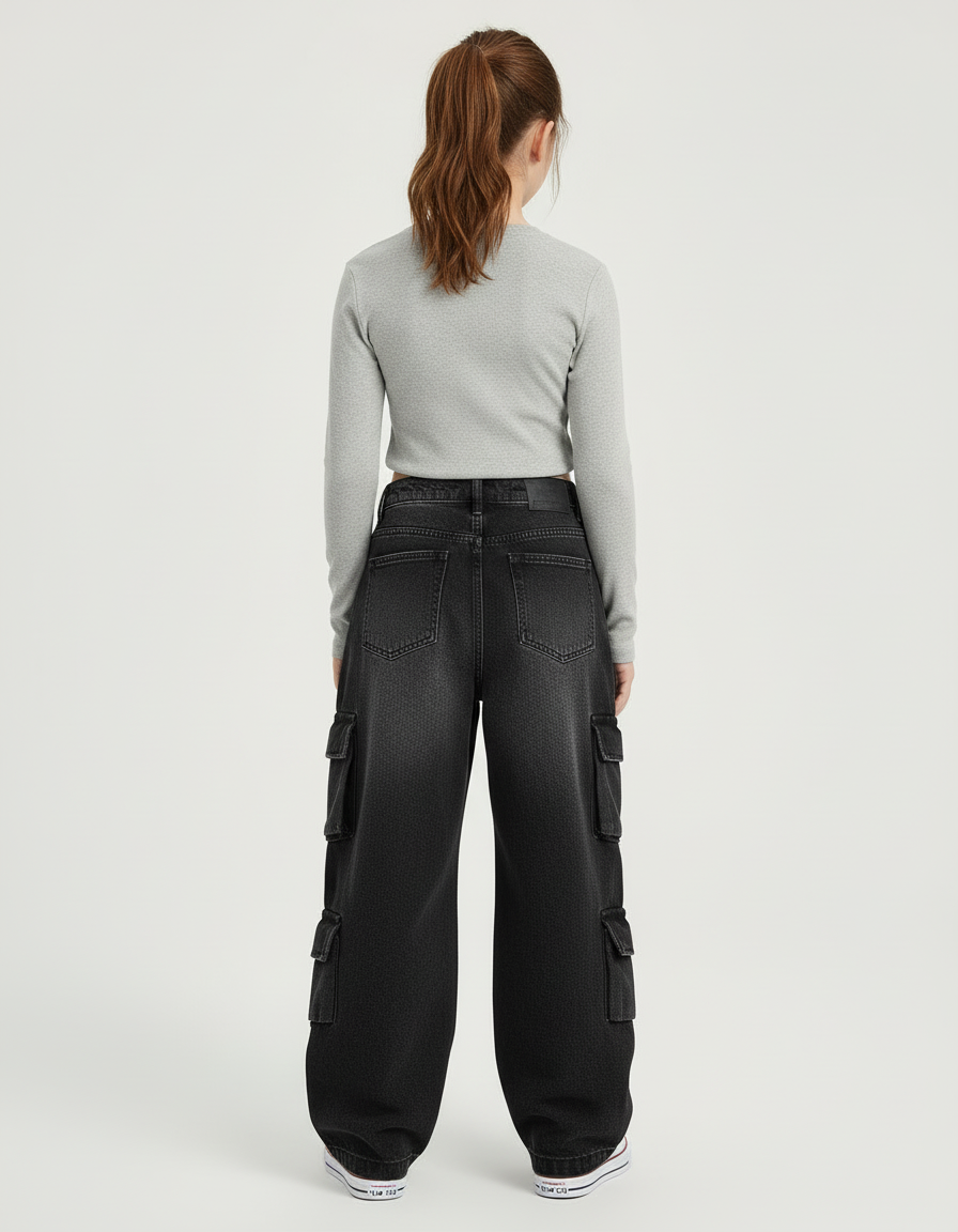 Pantalon Cargo Noir Décontracté Ample Denim Multipoches Fille - Jean - vue 2