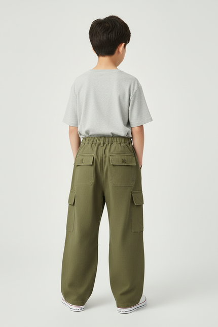 Pantalon Cargo Kaki Ample Coton Multipoches Garçon - Toile - vue 2