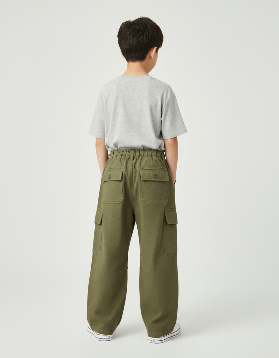 Pantalon Cargo Kaki Ample Coton Multipoches Garçon - Toile - vue 2