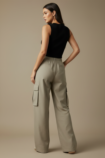 Pantalon Cargo Femme Ample Taille Haute Beige Décontracté - Kaki Toile - vue 2