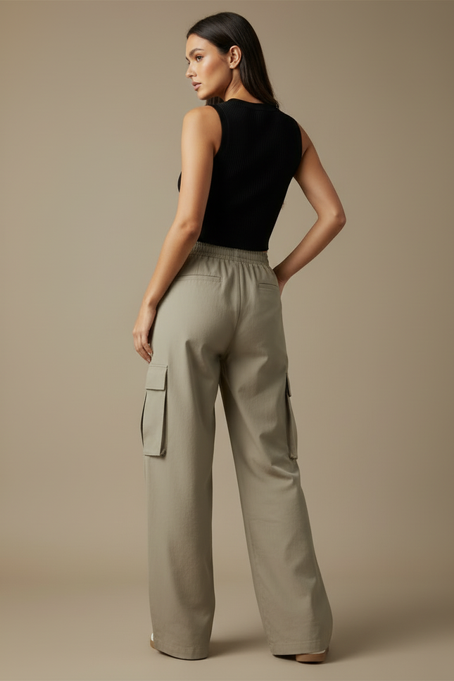 Pantalon Cargo Femme Ample Taille Haute Beige Décontracté - Kaki Toile - vue 2