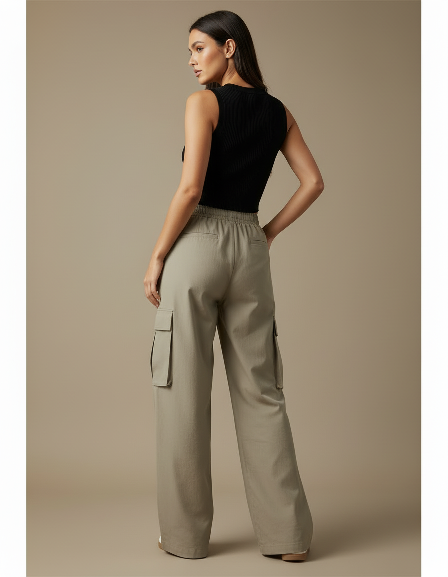Pantalon Cargo Femme Ample Taille Haute Beige Décontracté - Kaki Toile - vue 2