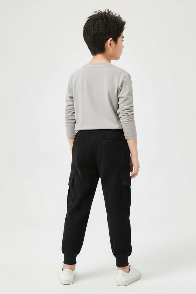 Pantalon Cargo Noir Côtelé Ample Enfant Décontracté - Cordé - vue 2