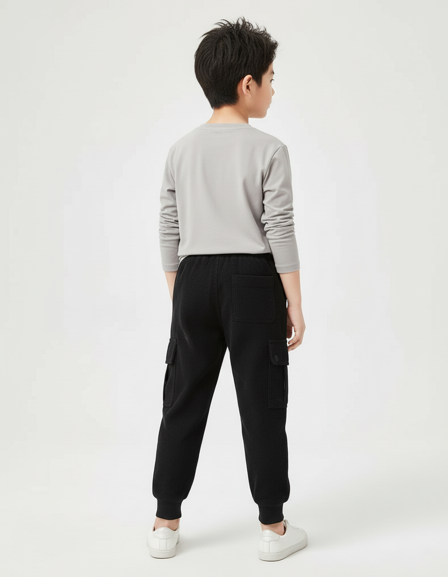 Pantalon Cargo Noir Côtelé Ample Enfant Décontracté - Cordé - vue 2