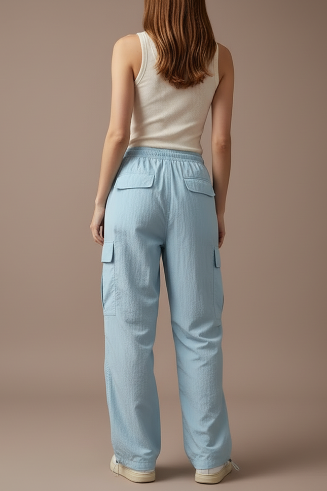 Pantalon Cargo Bleu Ciel Fluide Ample Multipoches - Polyester - vue 2
