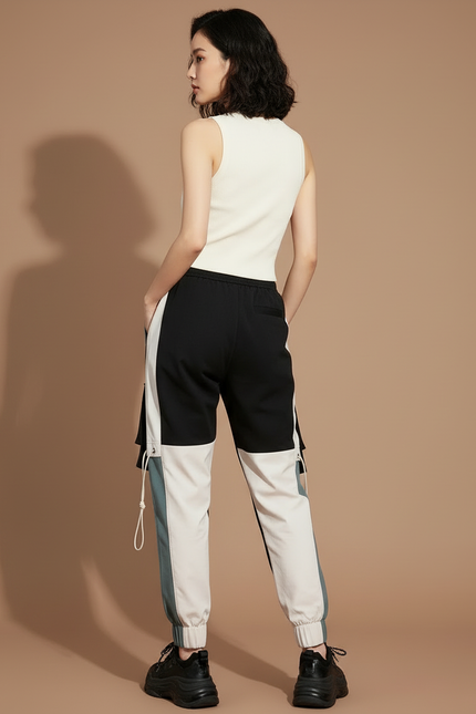 Pantalon Cargo Bicolore Ample Streetwear Femme Multi-Poches - Multicolore Gabardine - vue 2