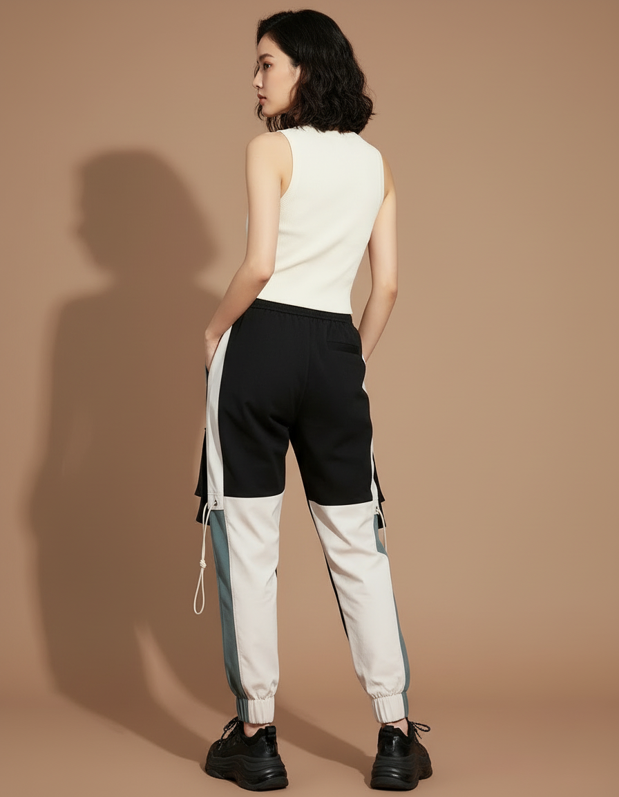 Pantalon Cargo Bicolore Ample Streetwear Femme Multi-Poches - Multicolore Gabardine - vue 2