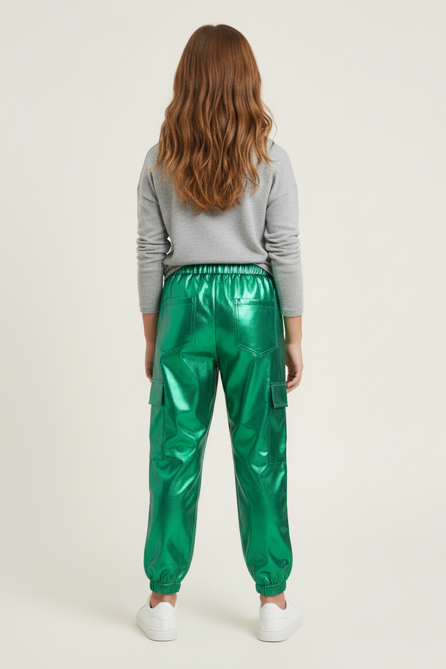 Pantalon Cargo Vert Brillant Métallique Ample Enfant - Polyester - vue 2