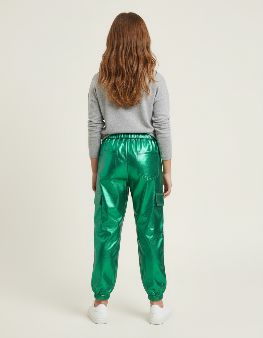 Pantalon Cargo Vert Brillant Métallique Ample Enfant - Polyester - vue 2