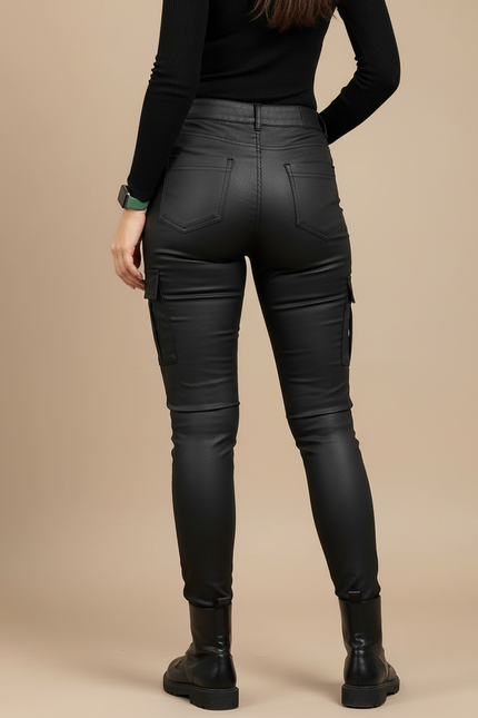 Pantalon Cargo Noir Similicuir Skinny Poches Latérales - Simili cuir - vue 2
