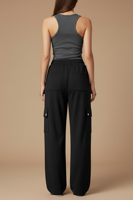 Pantalon Cargo Noir Ample Cordon Décontracté Femme - Polyester - vue 2