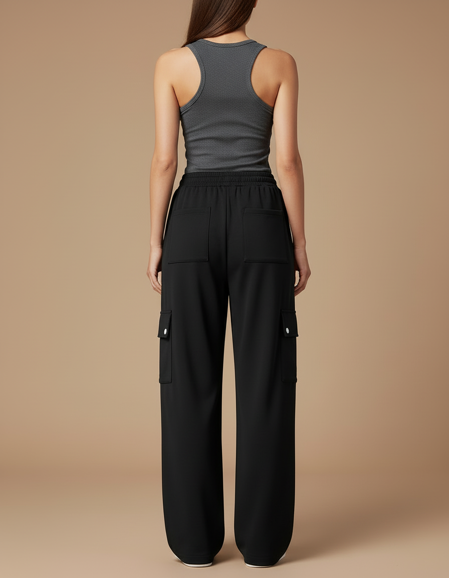 Pantalon Cargo Noir Ample Cordon Décontracté Femme - Polyester - vue 2
