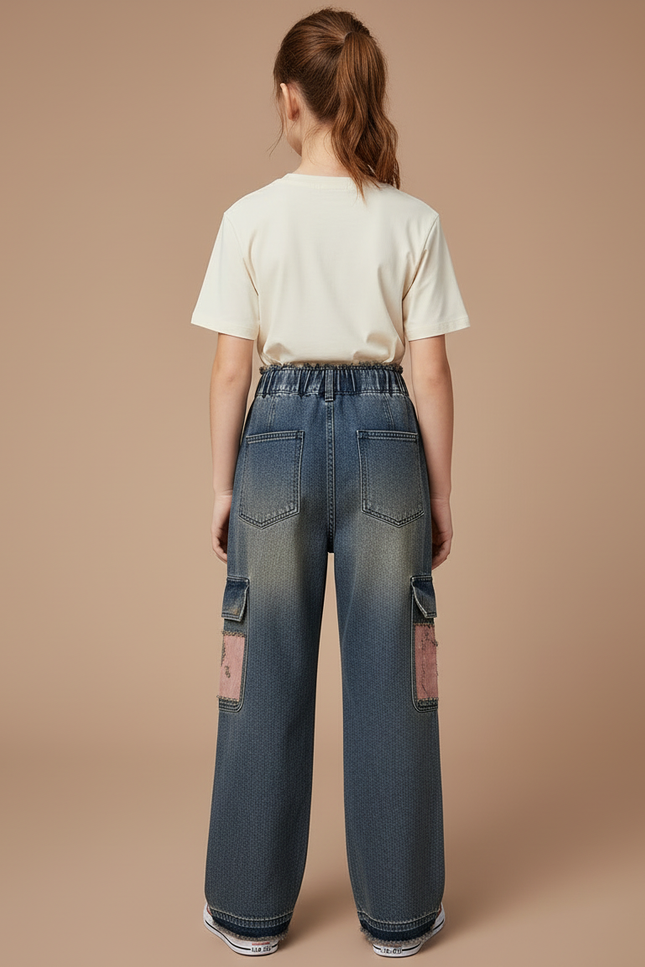 Pantalon Cargo Jean Ample Délavé Poches Enfant - Bleu - vue 2