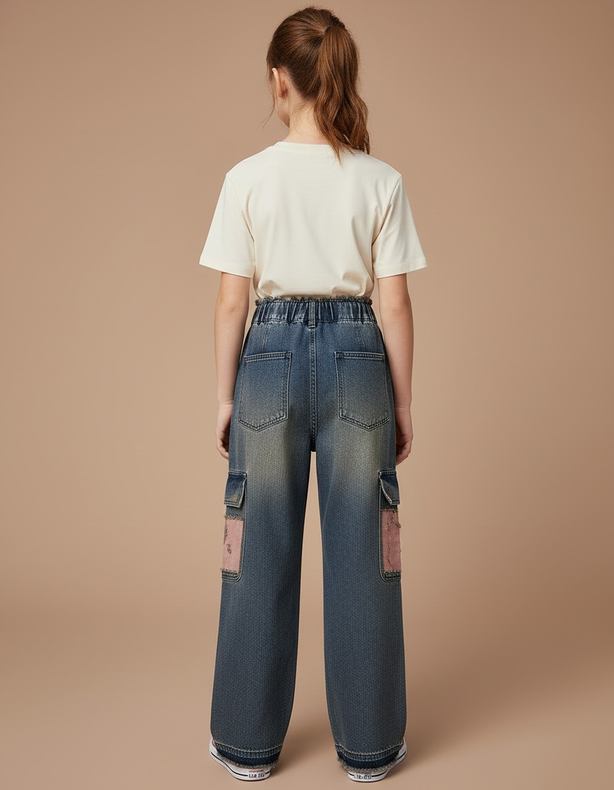 Pantalon Cargo Jean Ample Délavé Poches Enfant - Bleu - vue 2