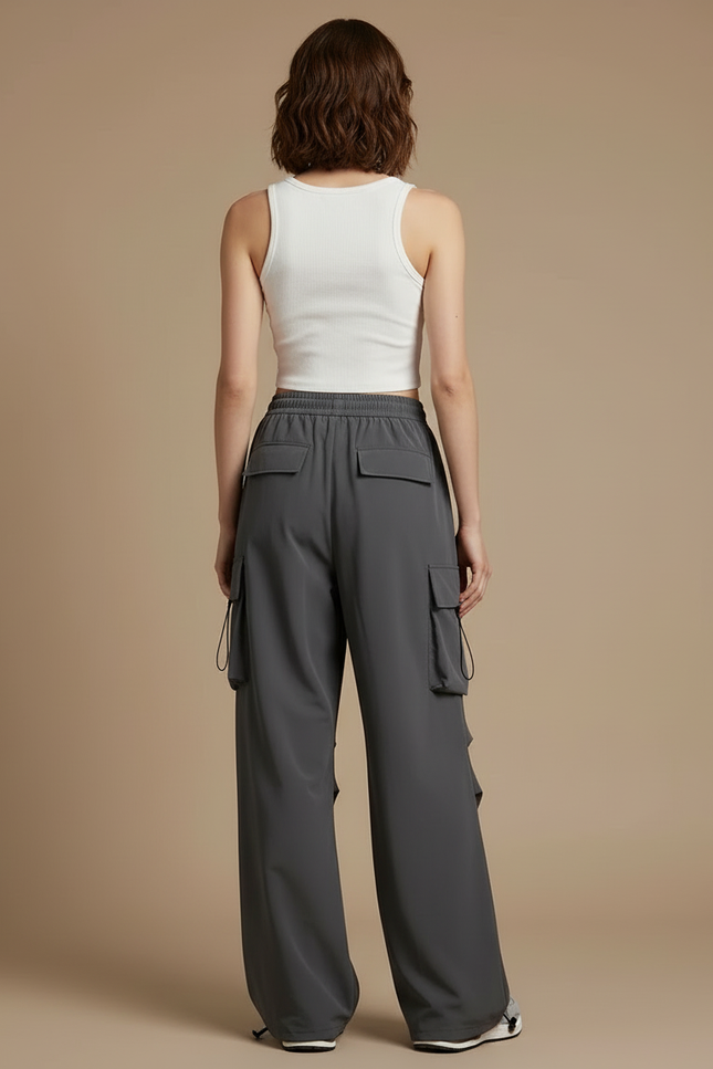 Pantalon Cargo Gris Ample Décontracté Taille Haute - Polyester - vue 2