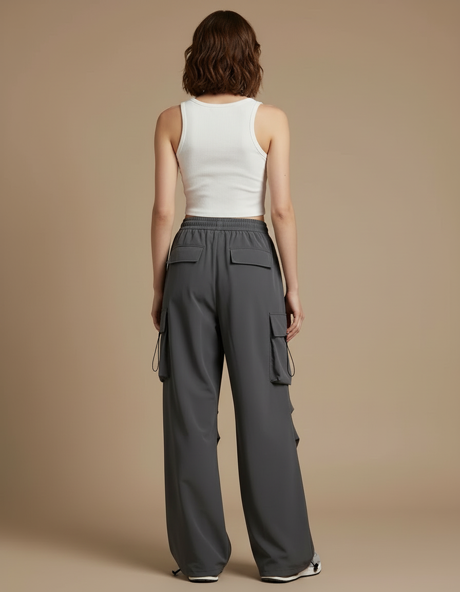 Pantalon Cargo Gris Ample Décontracté Taille Haute - Polyester - vue 2