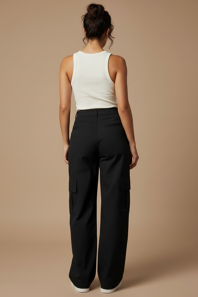 Pantalon Cargo Noir Ample Taille Haute Décontracté Femme - Polyester - vue 2
