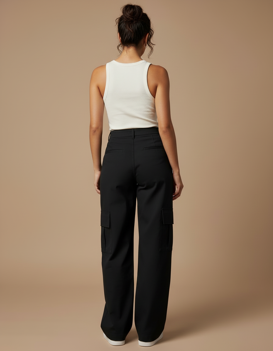 Pantalon Cargo Noir Ample Taille Haute Décontracté Femme - Polyester - vue 2