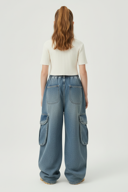 Pantalon Cargo Denim Ample Multipoches Enfant Décontracté - Bleu Jean - vue 2