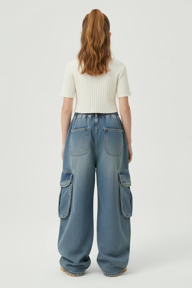 Pantalon Cargo Denim Ample Multipoches Enfant Décontracté - Bleu Jean - vue 2