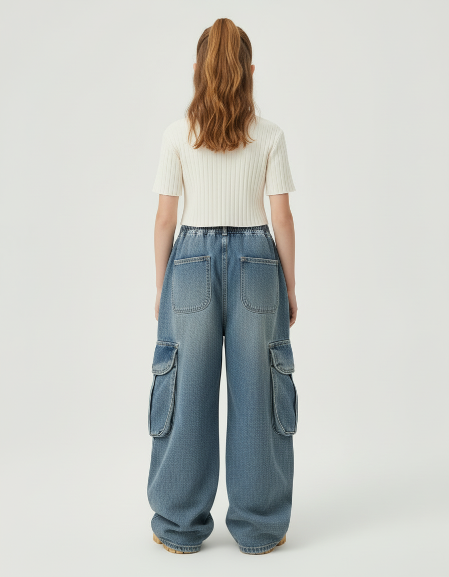 Pantalon Cargo Denim Ample Multipoches Enfant Décontracté - Bleu Jean - vue 2