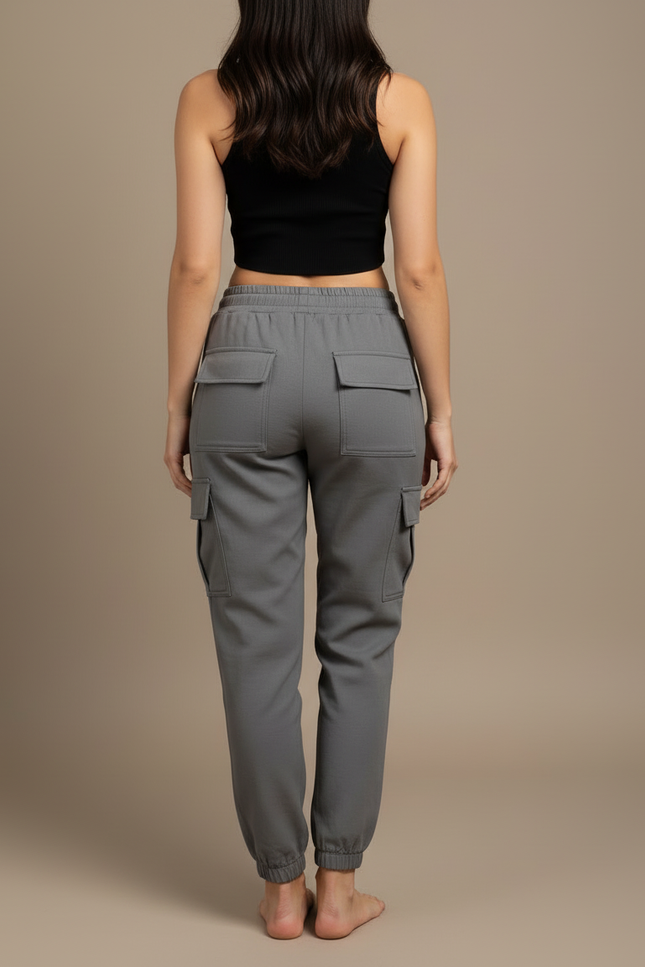 Pantalon Cargo Gris Coton Décontracté Élastique Femme - vue 2