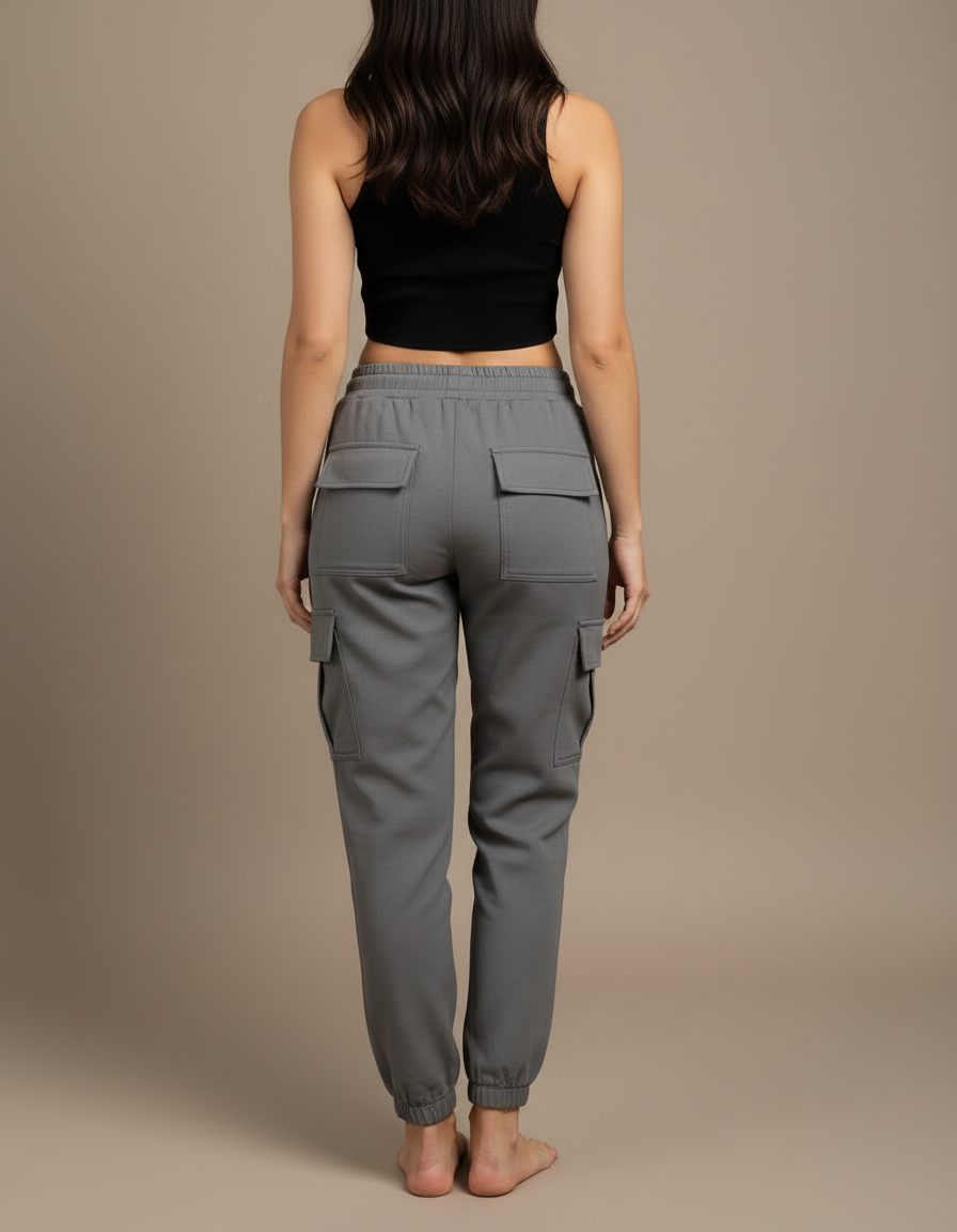 Pantalon Cargo Gris Coton Décontracté Élastique Femme - vue 2